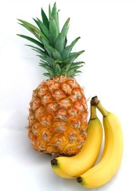 A beautiful golden pineapple and two perfect yellow bananas isolated on white.